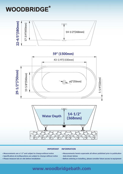 WOODBRIDGE 67" Acrylic Freestanding Bathtub Contemporary Soaking White Tub with Chrome Overflow and Drain