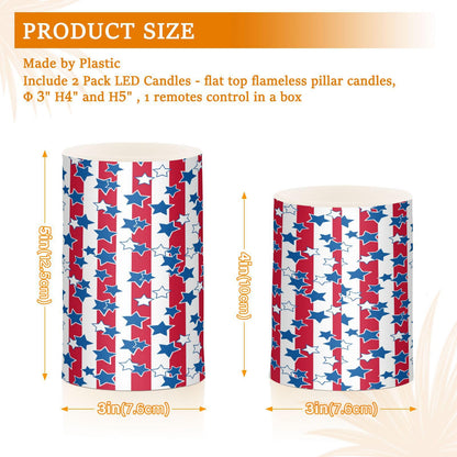 American Flag USA 4th July Red White Blue Star Stripe Flickering Flameless Candles Battery Operated Remote Timer,Tea Light Candles LED Pillar Votive Candles set of 2 for Outdoor Indoor Decoration