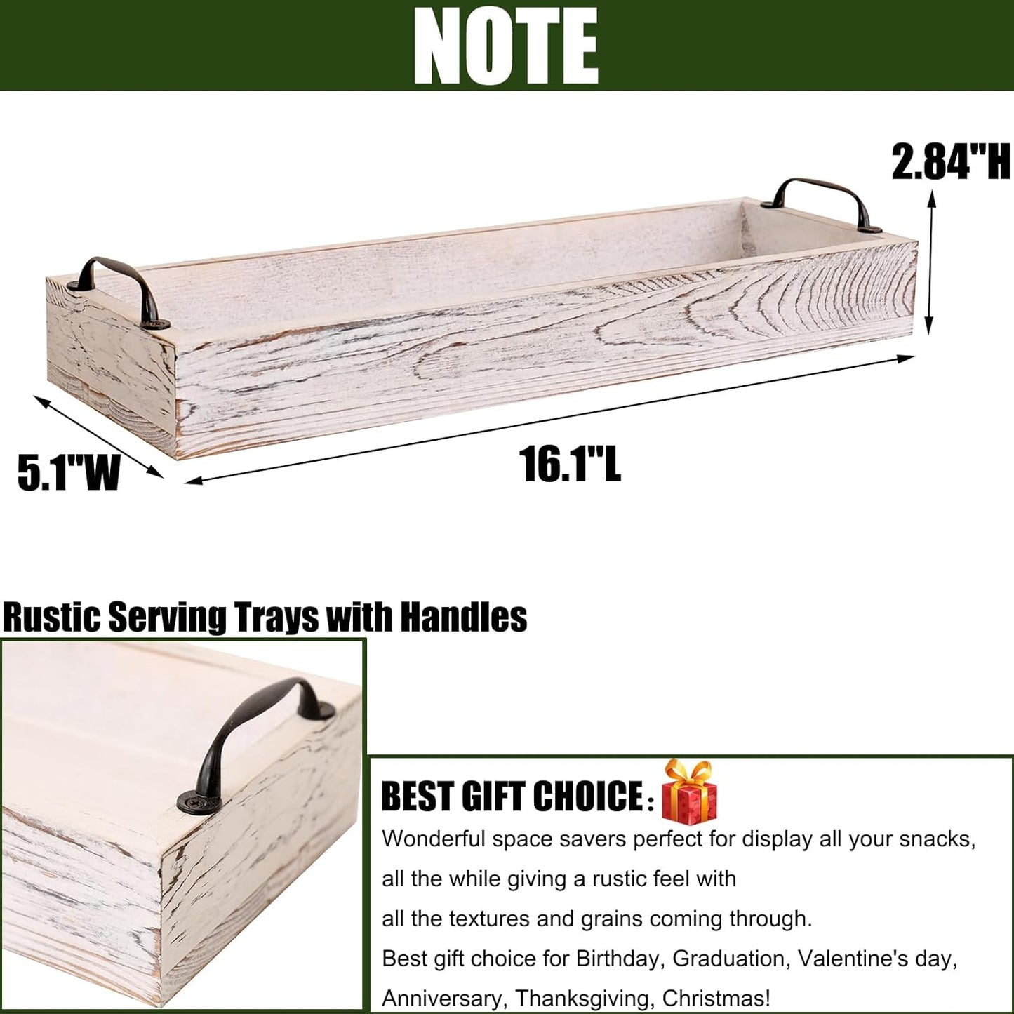 16 Inch Rustic Wooden Serving Trays Rectangular with Handle,Ottoman Tray for Living Room Long for Serving