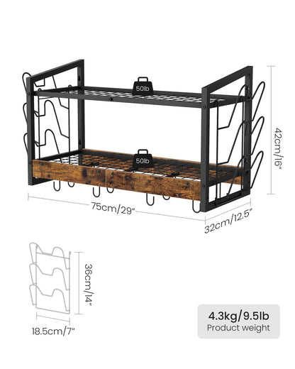 CHOEZON Hanging Pot Rack, Pot Rack Wall Mounted, 2-Tier Kitchen Pot and Lid Organizer, Wall-Mounted Pot Rack with 12 Hooks, for Kitchen Storage of Pots, Pans, Utensils, Rustic Brown TPR02BF