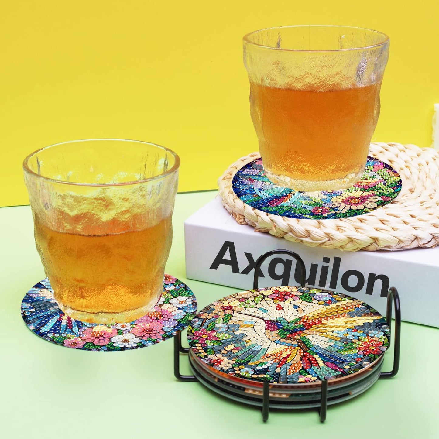 Axquilon Diamond Art Coasters Kit for Adults, 8 Pcs Hummingbirds Diamond Painting Coasters Kit with Holder, DIY Non Slip Art Supplies 4x4in