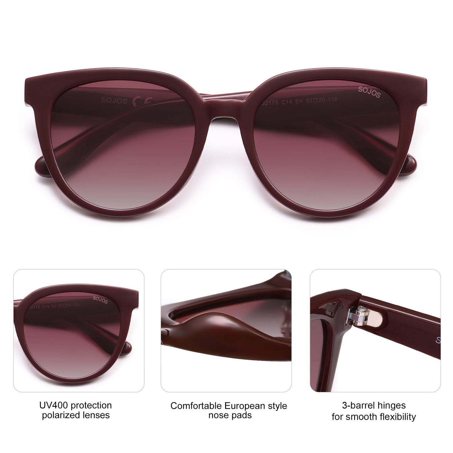 SOJOS Trendy Cat Eye Round Polarized Sunglasses for Women Fashion UV Protection Sunnies Sunglasses SJ2175