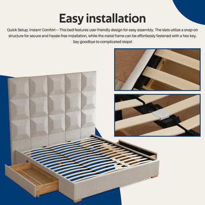 YUHUASHI King Size Bed Frame with 71.5-inch high headboard with Oversized Storage Drawers, Wood Slat Supports, no Springs Required (Beige, King (U.S. Standard))