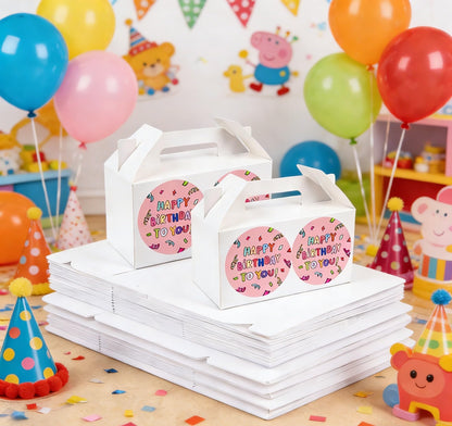Treelement 24 Pack White Gable Boxes with Handle and Stickers,6×3.5×3.5 Inch Goodie Treat Boxes for Cookie, Party Favors,Birthday,Graduation,Lunch,Holiday Gifting