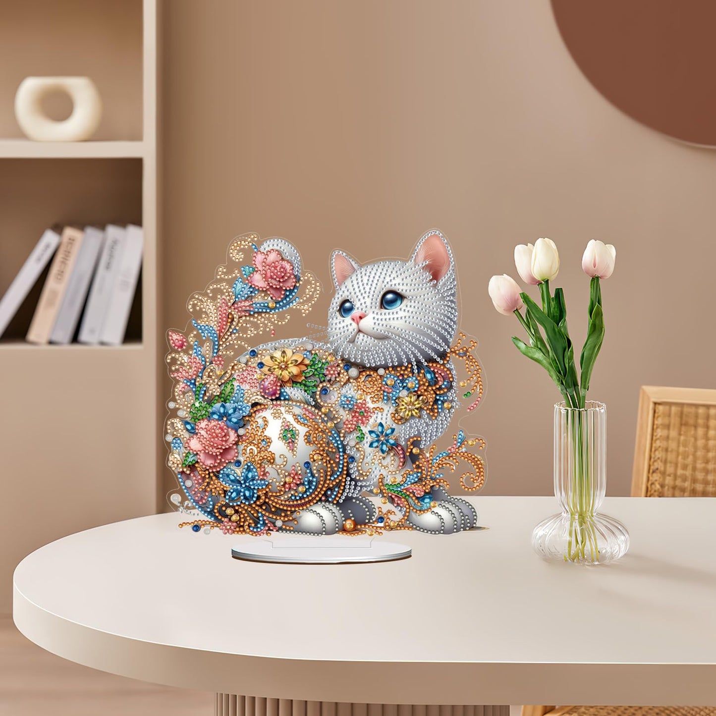 ACSAUMMY 5D Diamond Art Kits for Adults, Diamond Art Painting Desktop DIY Diamond Art Tabletop White Cat Diamond Arts and Crafts for Kids Adults Stand Up Gem Painting Kit for Decoration