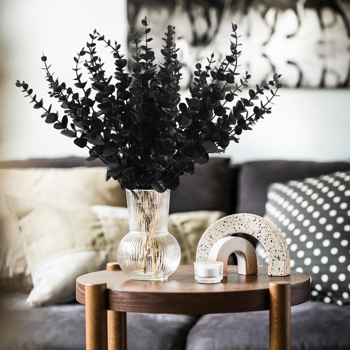 RECUTMS 36Pcs Black Eucalyptus Leaves Stems Artificial Eucalyptuses Leaf Branches for Halloween Picks Autumn Fall Floral Arrangement Wedding Centerpiece Flower Bouquet Home Office Decoration