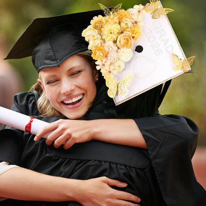 Ywdbzjhs 51 PCS DIY Graduation Grad Cap Decoration Kit - 12 Cream Construction Paper with Artificial Flower Heads 3D Butterfly Pearl Adhesive Dots Rhinestone Stickers for DIY Grad Hat Topper(White)