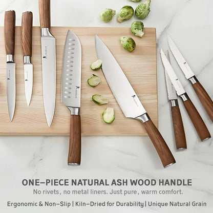 Kangdelun Ultra Sharp 14-Piece Kitchen Knife Set, High Carbon Stainless Steel Blades, Torrefied Brown Wood Handles, Ergonomic Design, Space-Saving Black-Finished Wood Block, Easy Hand Wash, Gift Box