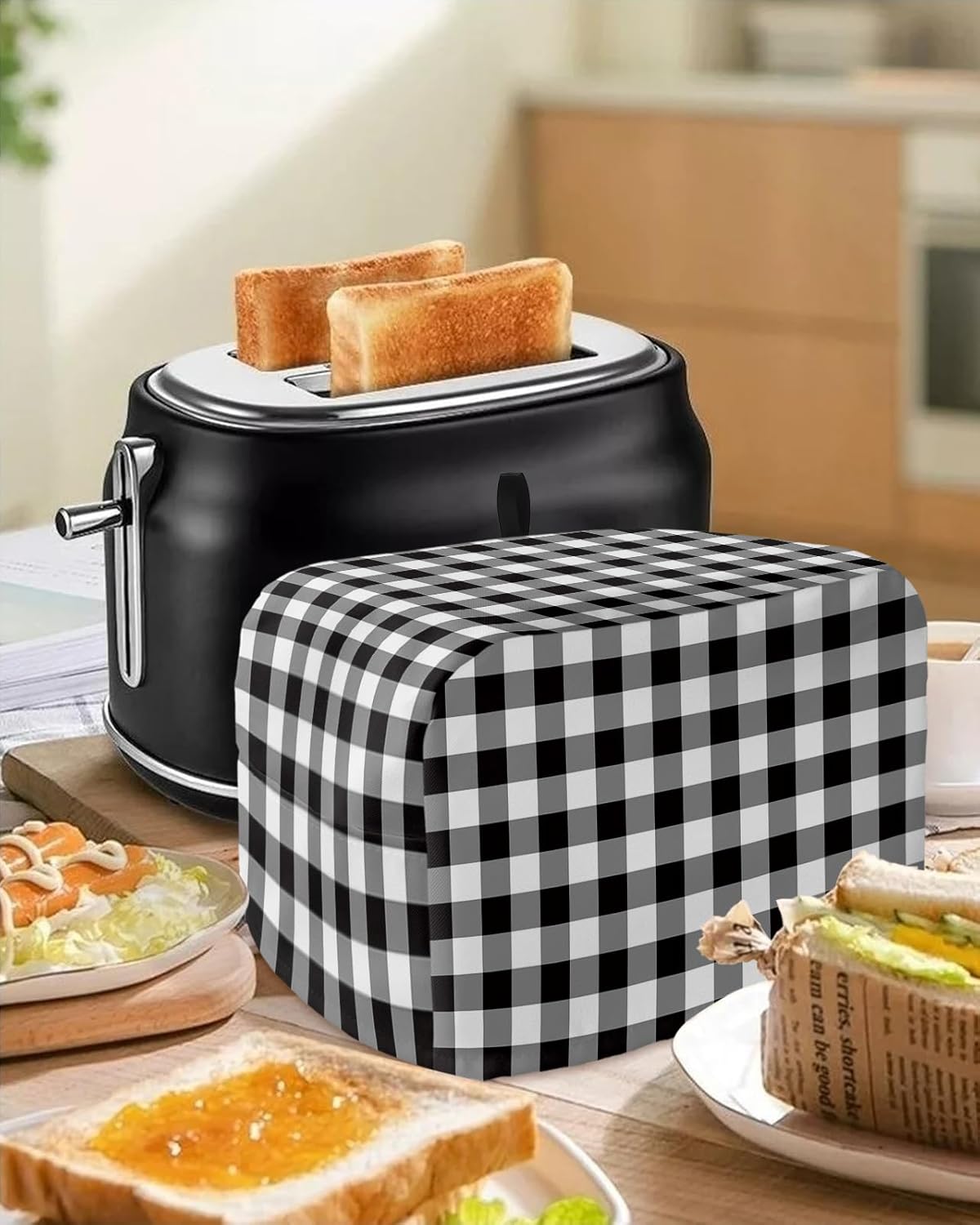 Black and White Checkered Toaster Cover 4 Slice, Large Kitchen Appliance Covers, Farmhouse Buffalo Plaid with Loop,