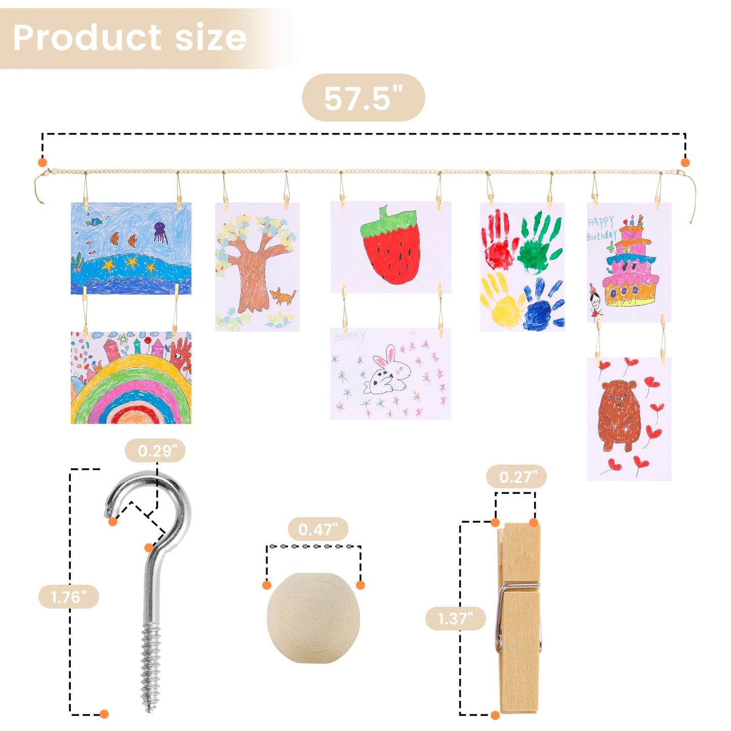 KLOGTSIND Kids Art Display Wall Decor, Wooden Beads Garland Frame Holder with 34 Clips for kids artwork, Photo, Wall Hanging Boho Room Bedroom Decor