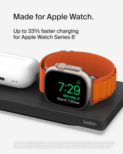 Belkin MagSafe 3-in-1 Wireless Charging Pad - Fast Wireless Charging for Apple Watch, iPhone 17, iPhone 16, iPhone 15, & iPhone 14 Series, & AirPods - Charging Station for Multiple Devices - Black