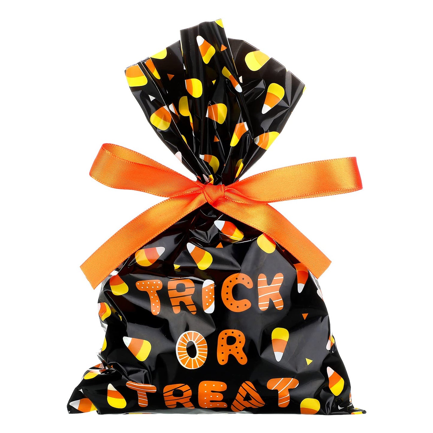 Tenare 100 Pcs Halloween Cellophane Treat Bags Plastic Goodie Candy Bags Corn Wrapped Gift Loot Bags with 22 Yards Ribbon for Treating Class Parties Favor Crafts, 6 x 9 Inch
