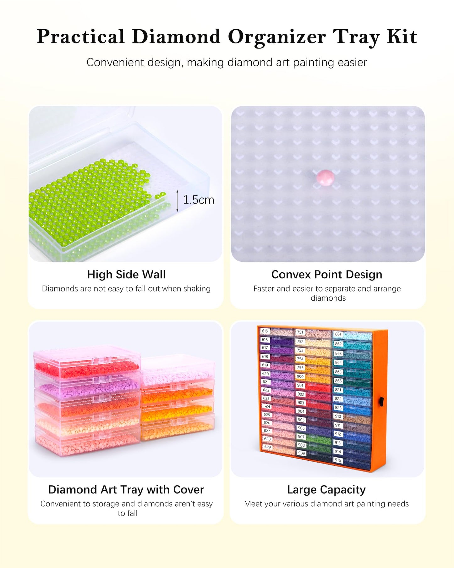 Diamond Art Storage for Beads Storage&Line-Up, 45 PCS 2-in-1 Diamond Painting Storage, Convex Point Bottom Design Diamond Art Accessories with Lids for Diamond Painting Crafters