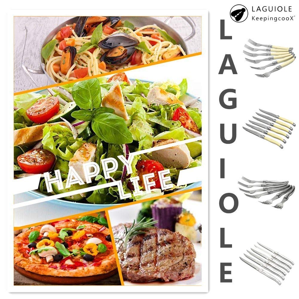 KeepingcooX® Laguiol-style Steak Knife, Ivory Handle, Serrated Blade, Stainless Steel Dinnerware/Tableware/Flatware/Cutlery Set of 6, Gift Box, Reputable Global Manufacturer with Certificate