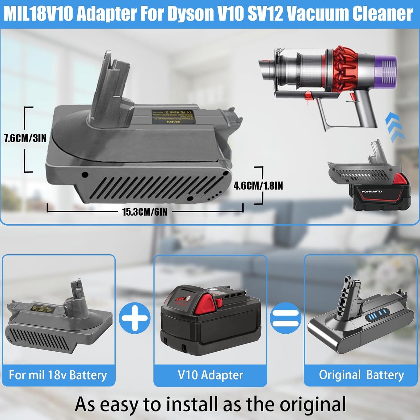 V10 Adapter for Milwaukee to Dyson V10, Battery Converter for Milwaukee M18 18V to Dyson Cyclone V10 Vacuum Cleaner