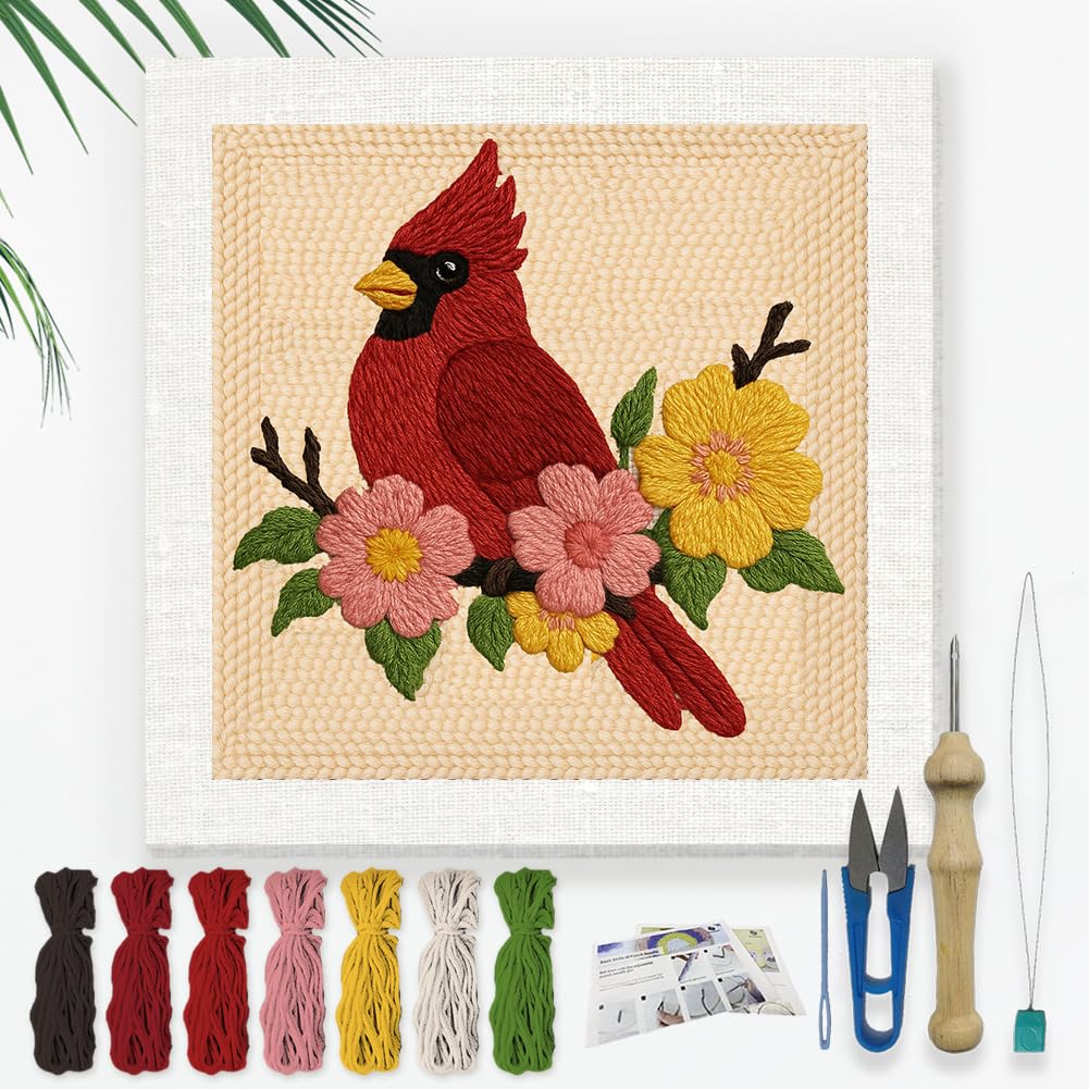 DOODLREAM Cardinal Bird DIY Punch Needle Embroidery Kit for Adult Beginner, 9.4" Bird on The Branch Punch Stitching Craft Set for Starter with Frame, Fabric Pattern, Threader, Yarn, Pinch Needle
