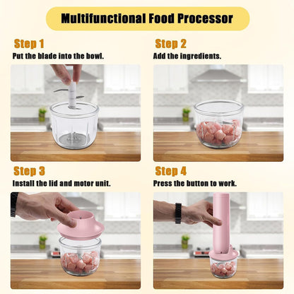 4-in-1 Electric Hand Mixer, Electric Whisk, Mini Onion Chopper 10Oz, Small Cordless Hand Blender, Milk Frother Wand for Coffee, Matcha, 4 Speed Rechargeable Food Processor for Baby Food Maker