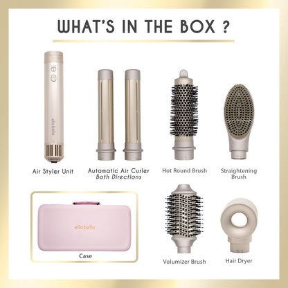 ELLA BELLA® 6 in 1 Professional Hot Air Styler • Powerful Hair Dryer & Straightener Set • Styling Without Heat Damage • Fast Drying Curling Volumizing Straightening • Includes Protective Travel Case