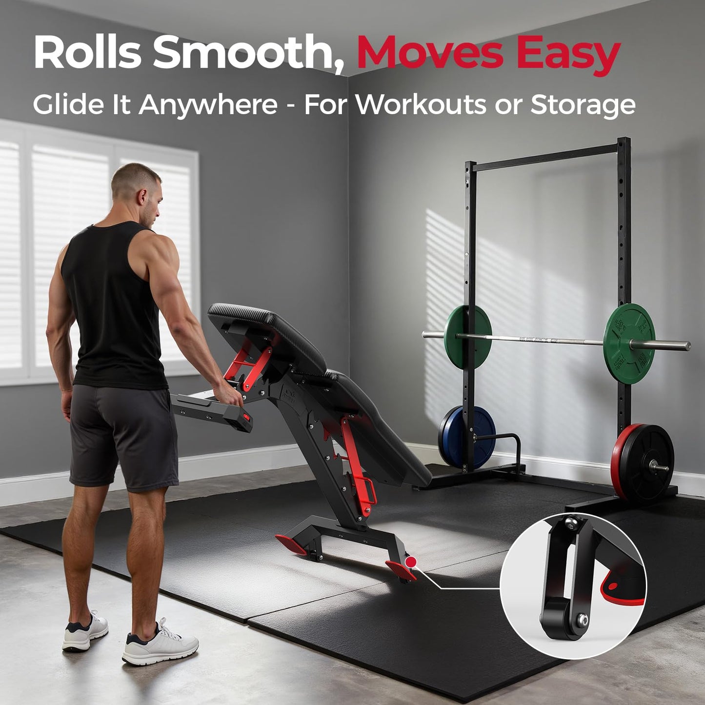FLYBIRD WB7 Weight Bench, Commercial Grade Adjustable Weight Bench - 1300LBS Workout Bench for Home Gym, Flat Incline Bench Press Heavy Duty Bench with 34'' Extra-Long Backrest and Easy-Roll Wheels