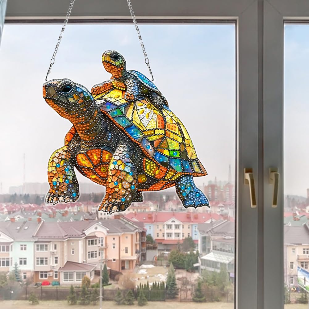 C'eitura DIY Diamond Painting Turtle Suncatcher Kit - Stained Glass Style Crystal Art Hanging Pendant for Home Window Decor, Arts and Crafts Gift for Women, Teens