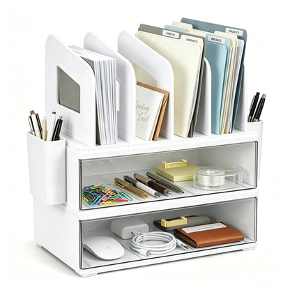 CiWiVOKi White Desk Organizer with 4 File Holder Slots, 2 Clear Drawers & Dual Pen Holders, Sturdy Multi-Functional Desktop Storage for Home Office, Mail Sorter & Caddy