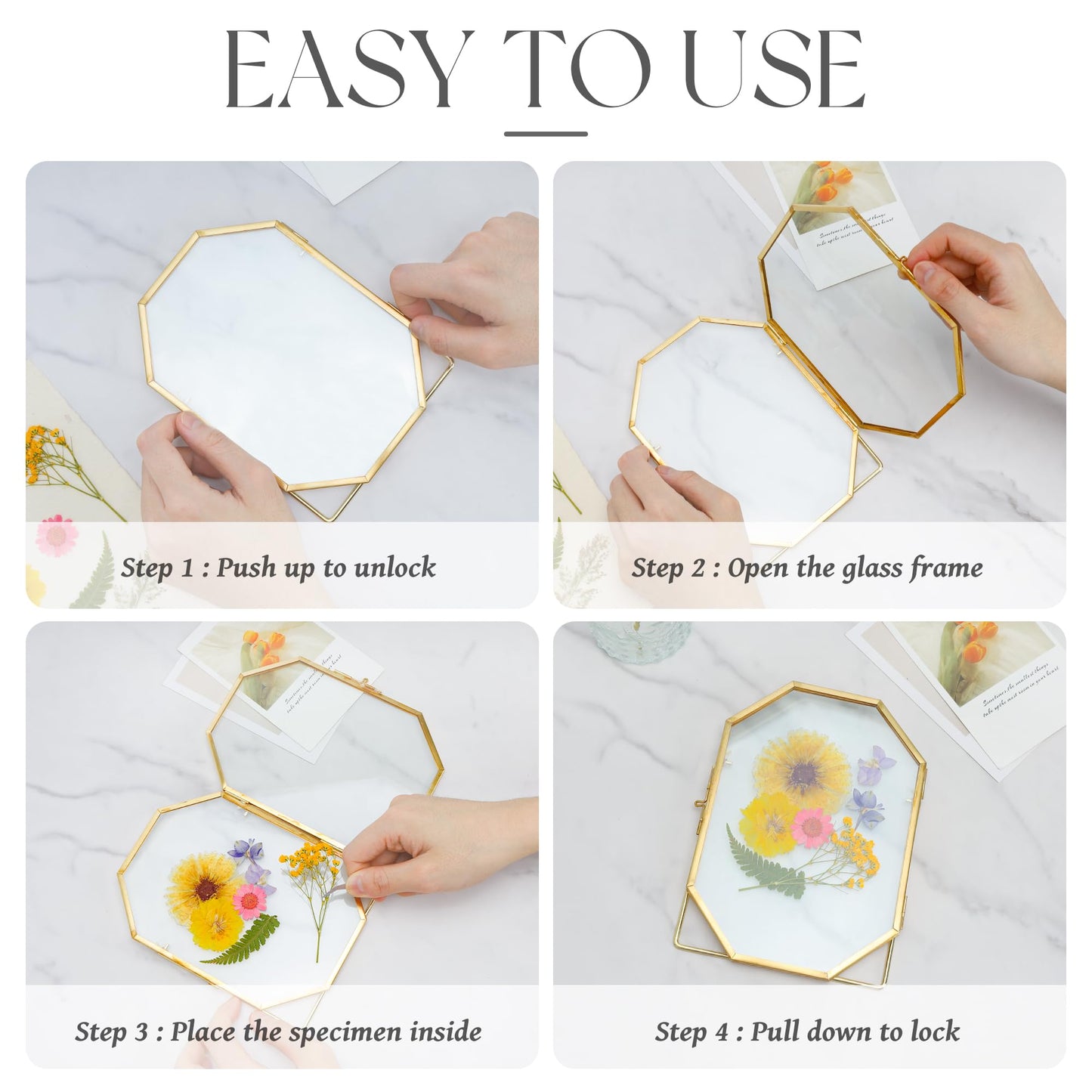 REDHUGO Glass Pressed Flower Frame Handmade, Metal Floating Picture Frame, Double Glass for Tabletop Display, Unique Brass Octagon, Gold, 5x7 Inches (Frame Only)