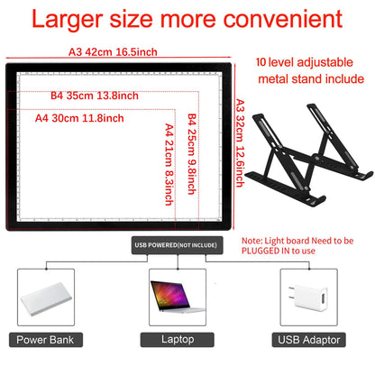 DONPODER A3 Light Pad for Diamond Painting with Stand, Diamond Art Light Board 5500 Lux,Tracing Light Box 10 Levels/Stepless Dimming Diamond Art for Sketching,Animation,Tattoo,Diamond