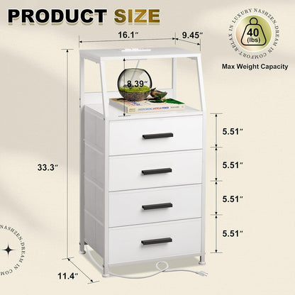 4 Nightstand Drawer Dresser with Charging Station, Side Table with Fabric Drawers, End Table with Open Shelf, Bedside