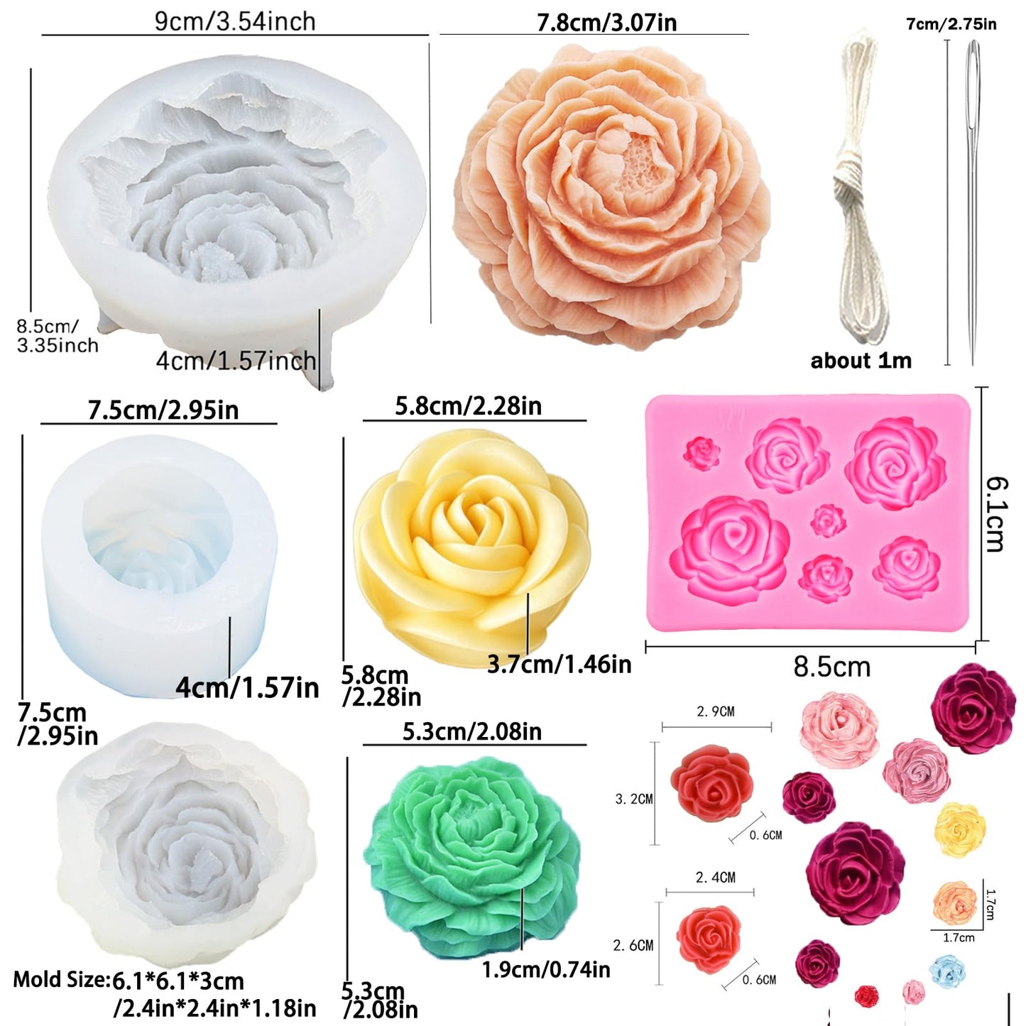 2 Rose Flowers Silicone molds(2 Styles) 2 Peony Mold (3.54 inch + 2.55 inch) Flower Silicone Candle Molds with Large-Eye Wicking Needle Candlewick for Candle Home Décor Handmade Gift Epoxy Resin Soap