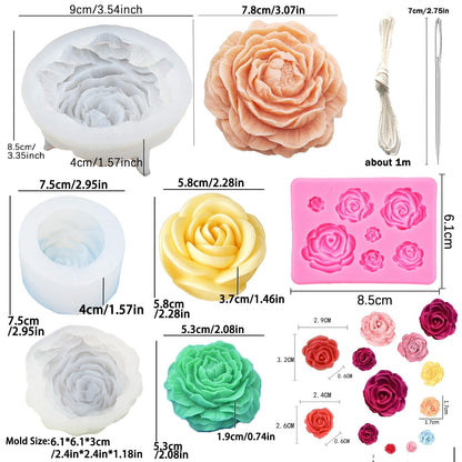 2 Rose Flowers Silicone molds(2 Styles) 2 Peony Mold (3.54 inch + 2.55 inch) Flower Silicone Candle Molds with Large-Eye Wicking Needle Candlewick for Candle Home Décor Handmade Gift Epoxy Resin Soap