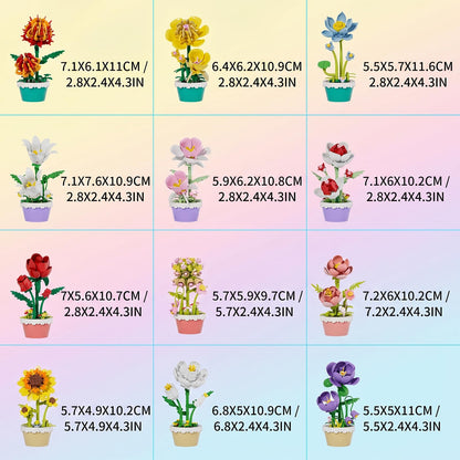 FNSJFYZS 12 Pack Flower Building Blocks, Botanicals Collection Artificial Flowers with Pots, DIY Craft Kit for Home Office Desk Decor, Unique Birthday Gifts for Adults