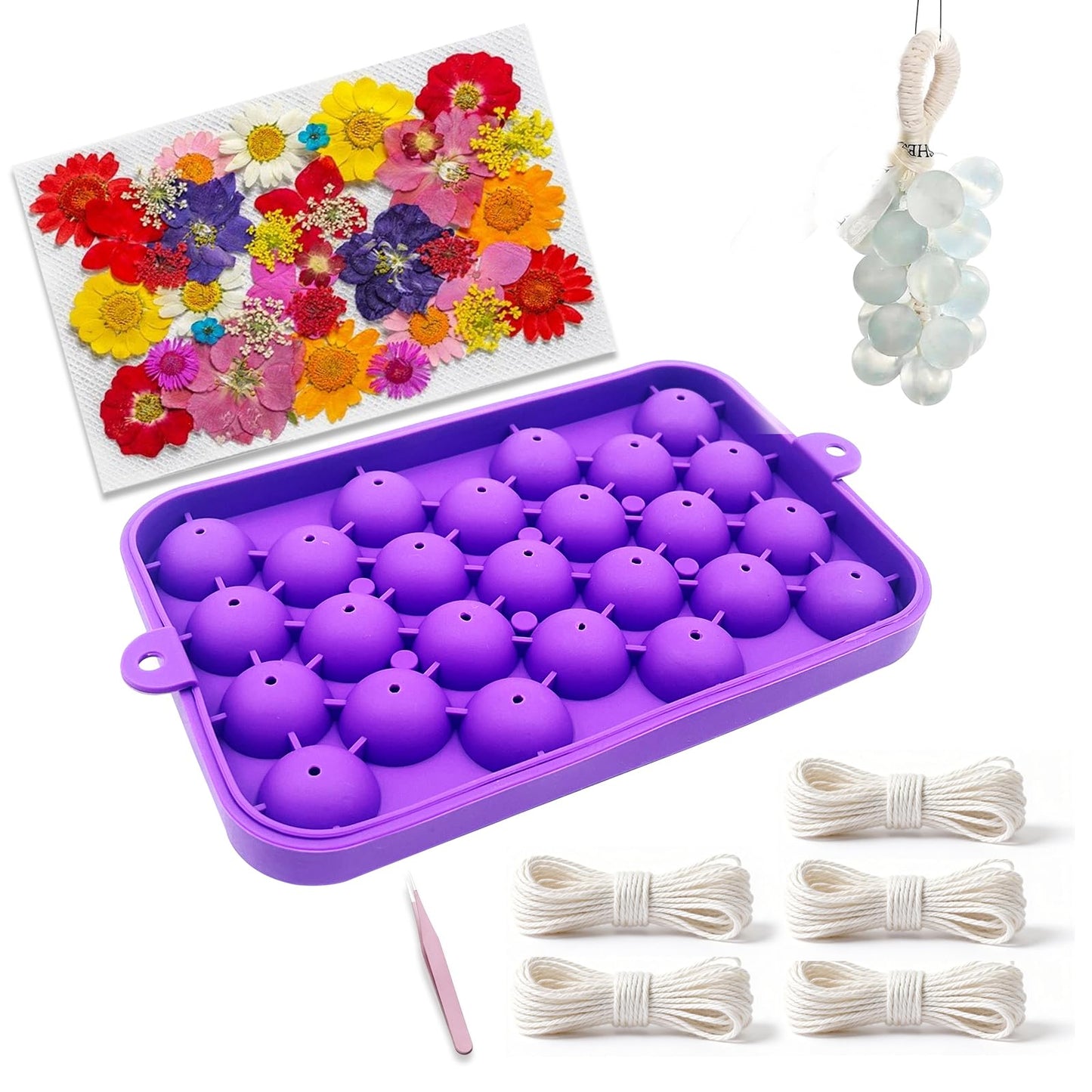 DIY Soap Making Kit, Silicone Grape Soap Mold with Cotton Rope, Dried Flowers & Tweezers, Exquisite Mold for Handmade Grape Soap Making Gift & Home Decor