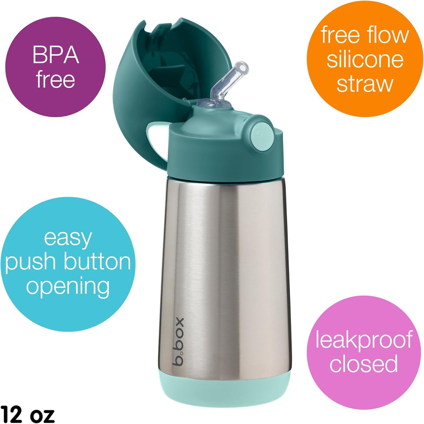 12 oz 8 12m+ b.box Insulated Water Bottle - Kids Water Bottle Stainless Steel w/Free Flow Silicone Straw, Toddler Cups
