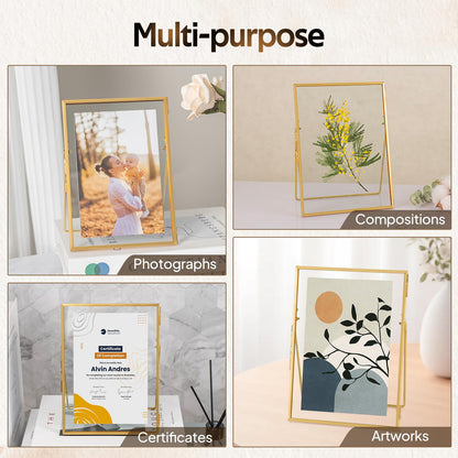 Jajamy Gold Floating Picture Frame Set of 2, Tempered Glass Floating Frames 5x7, Gold Picture Frame for Multi Size Photo 4 x 6, 3 x 5 for Tabletop Display