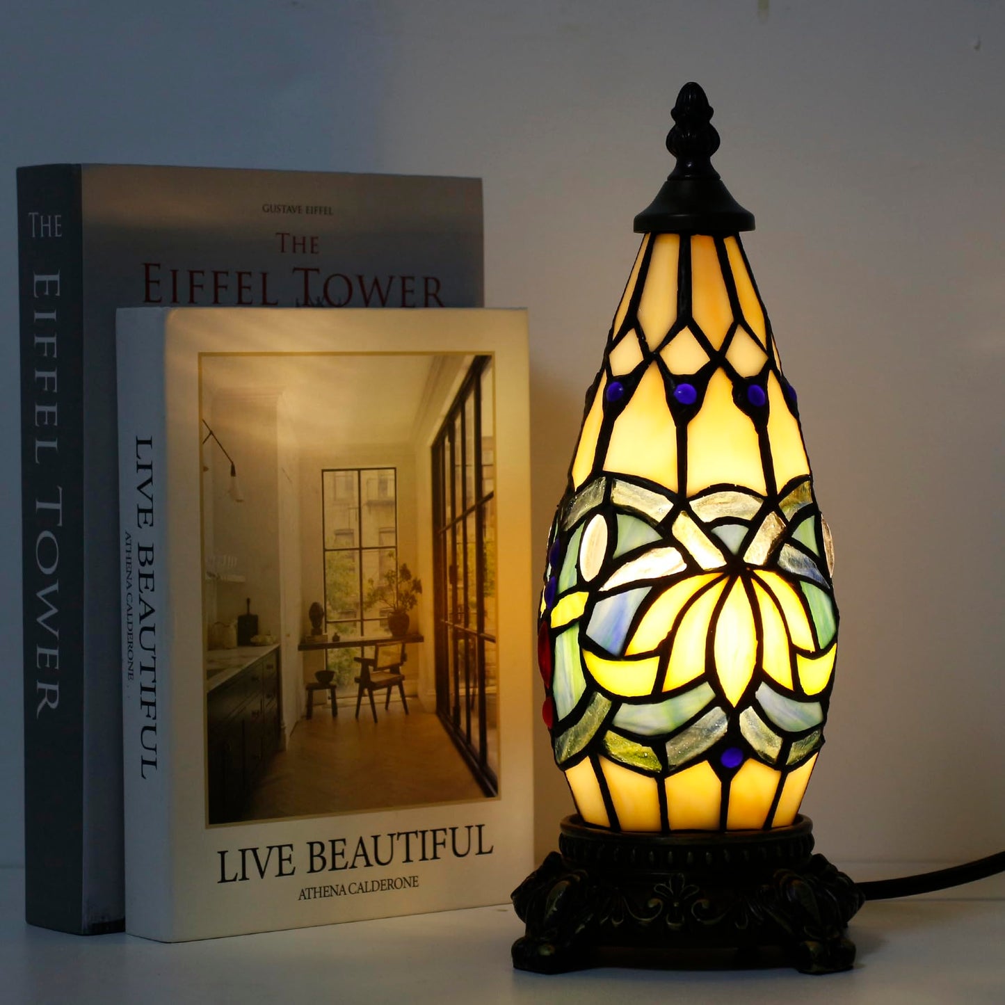 TCODTPOL Small Tiffany Lamp Stained Glass Table Lamp 5.5X11 Inch Christmas Tree Lighthouse Mini Accent Memory Sympathy Antique Night Light for Bedroom Living Room (Blue Lotus)