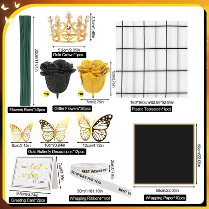 Ovveroche 36 PCS Glitter Roses Bouquet Kit, Black, Gold Sparkling Flower Arrangement with Stems, Butterflies, Crown, Wrapping Paper, Card, Ribbon for Wedding, Graduate, Birthday, DIY Crafts