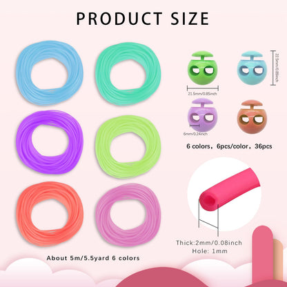 GeryVtee Cord Lock Kit Knitting Stitches Holder Barber Cord Stitch Markers Knit Stiches Keeper 36 Pcs Silicone Stitch Holders & 6 Rolls Round Barber Cords for Knitting Projects