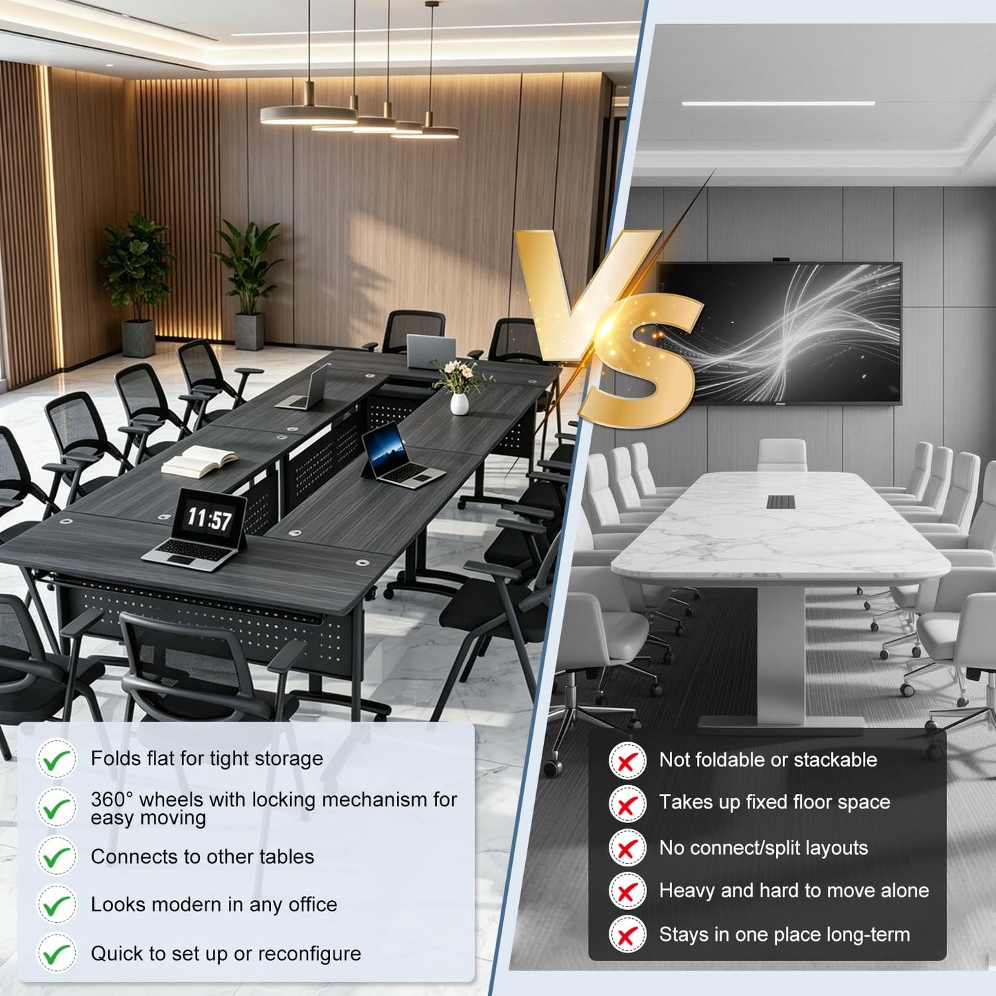 Folding Conference Room Tables with Wheels, Modular Conference Table Foldable Mobile Office Training Tables, Seminar Rolling Flip Top Nesting Meeting Table Space-saving for Classroom, Black 8Pack