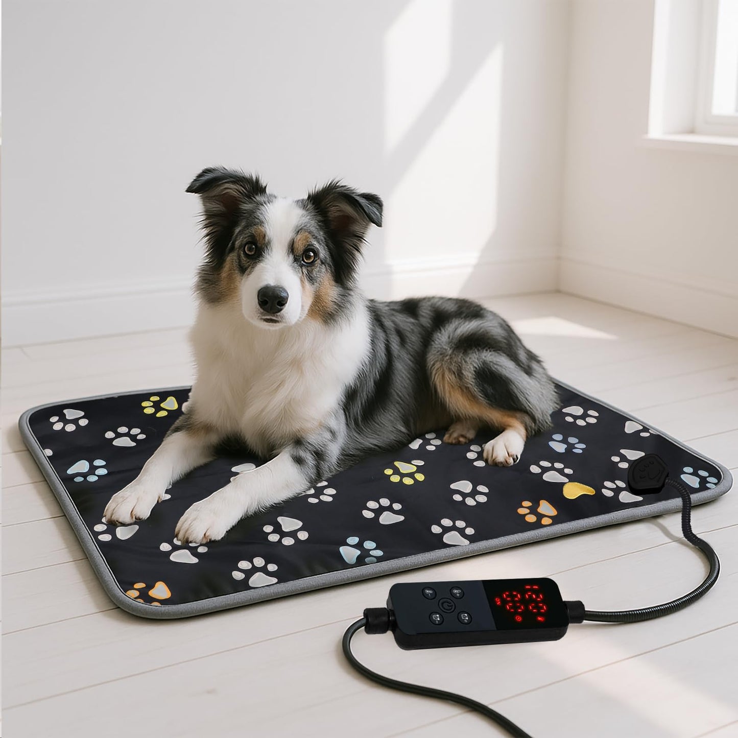furrybaby Pet Heating Pad, Waterproof Dog Heating Pad Mat for Cat with Durable Anti-Bite Tube Indoor for Puppies Dogs Cats (1 Pack Black, 17 X 17in, Temp Adjustable)