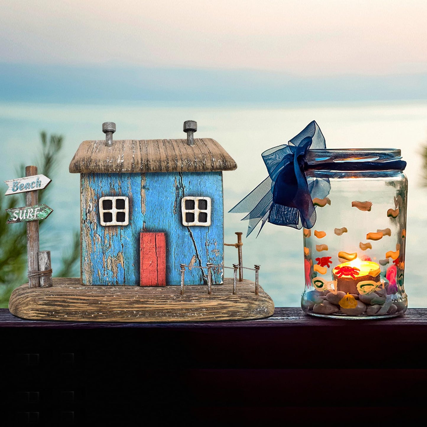 Veclotch Wood Miniature Nautical Table Sculptures Home Decor, Small Wooden House Figurine Garden Ornament Summer Mini House Statue with Beach Surf Sign
