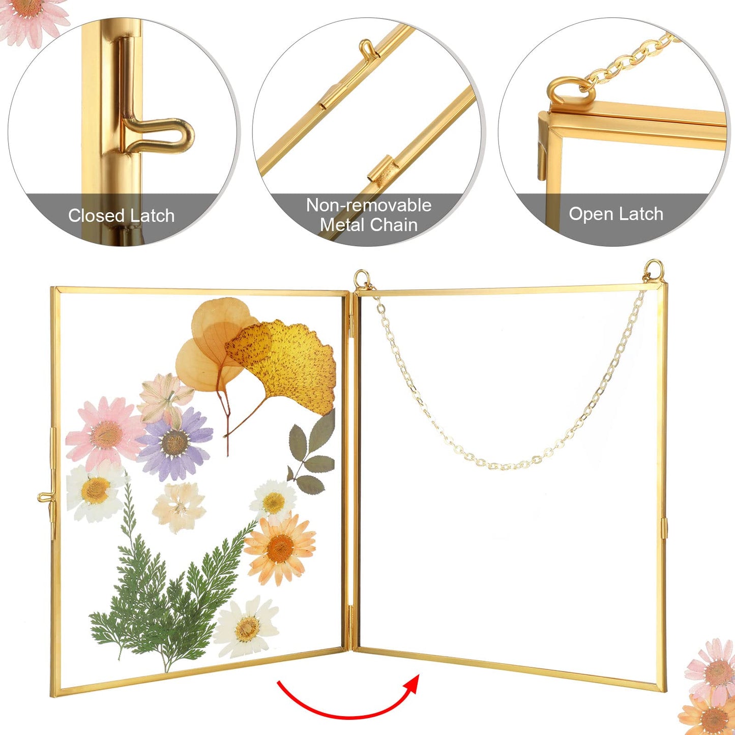 Treela Pressed Flowers Glass Frames 6 x 6 Inch, Hanging Double Glass Picture Frame Clear Square Floating Frames with Chains Graduation Wedding Gift for Dried Plant Specimen Gallery(Gold,4 Pieces)
