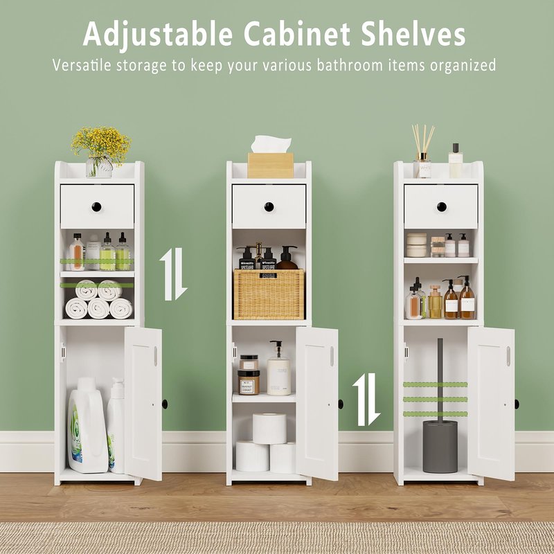 Lomojo Small Bathroom Storage Cabinet,Narrow Toilet Paper Holder,Corner Floor Cabinet with Doors and Drawer for Small Space,Adjustable Shelf Organizer,7.75L*7.75D*29.6H,White