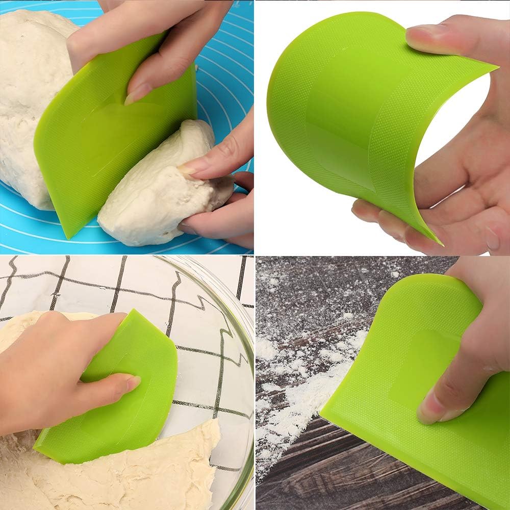 Dough Scraper Bowl Scraper, Flexible Plastic Multi-Function Kitchen Tools, 2 Piece Set in White-Green.