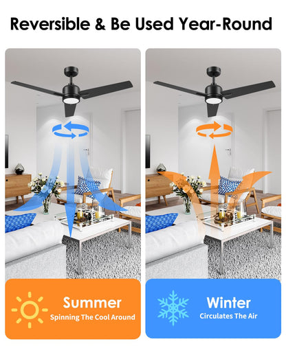 Newday 52 inch Ceiling Fans with Lights and Remote, Black 3 Blade Outdoor Fans for Patios -Dimmable Indoor DC Motor, 6 Speed, Quiet Noiseless, 3 CCT, Reversible, High CFM