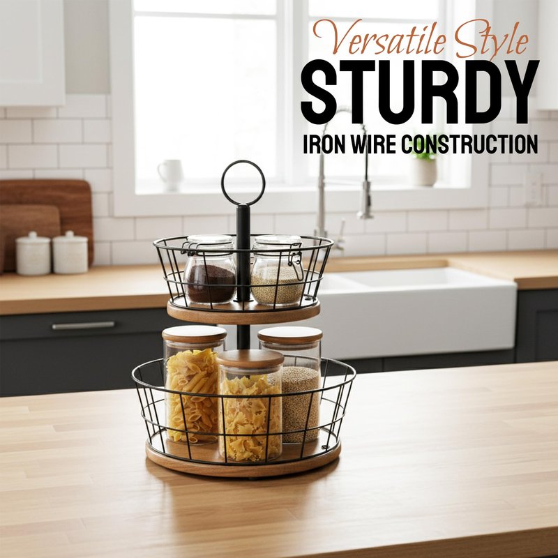 WILDMOS 2 Tier Fruit Bowl - Sturdy Iron Wire Fruit Basket with Real Wood Base, 12 Inch Large Fruit Basket for Kitchen Counter, Anti-Slip Silicone Pads, 2 Tier Fruit and Vegetable Storage Solution