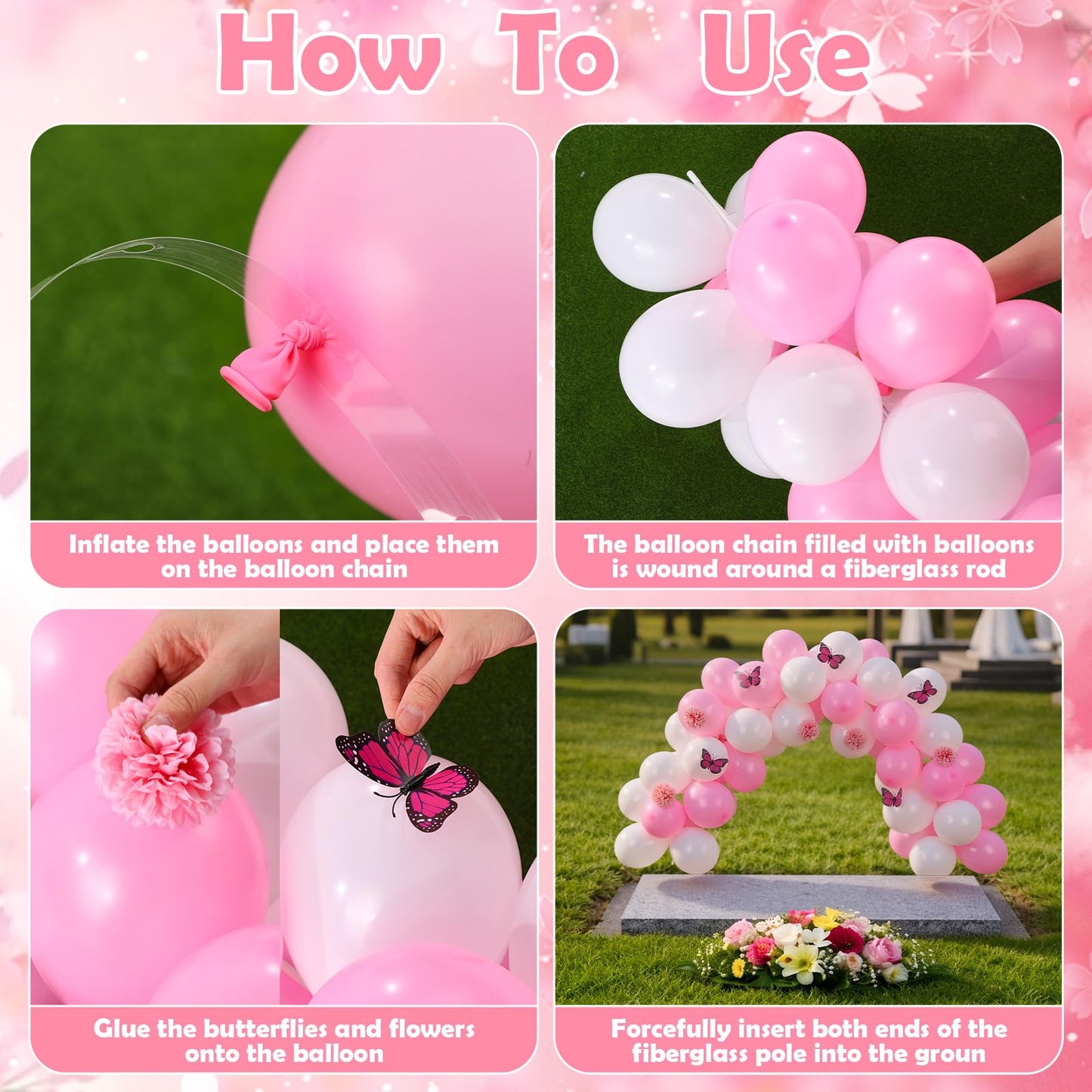 Gejoy 117 Pcs Memorial Grave Decorations for Mom Mini Balloon Arch Kit Artificial Cemetery Flowers Butterflies for Loss of Mother Father Veterans Gravestone Graveyard Outdoor(Pink, White)