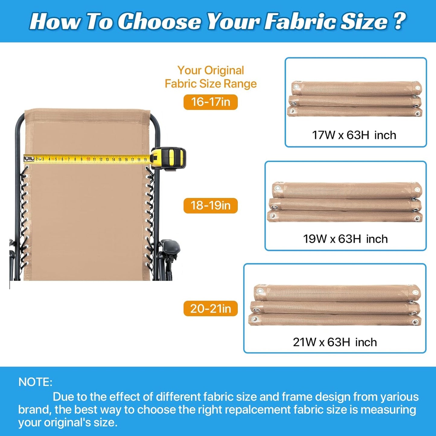 17" 63" Ostlttyn Zero Gravity Chair Replacement Fabric Kit, W x L Repair Cloth with Replacement Bungee Cord for Anti