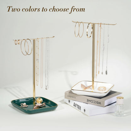 Jewelry Holder Stand with Ceramic Base: 12" Tall Necklace Organizer Rack, Tree Design Display Storage for Necklaces, Bracelets, Rings, Earrings, Aesthetic Room Décor for Girls and Women, Gold