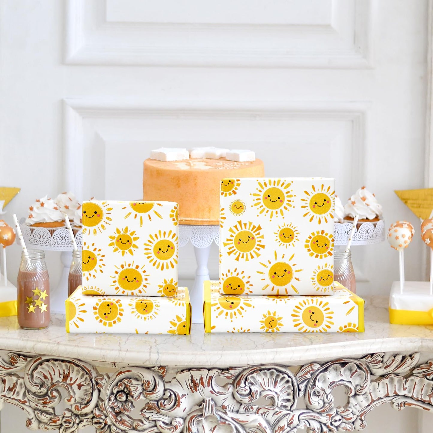 JarThenaAMCS Sun Smile Baby Shower Wrapping Paper -Mini Roll- 17In x 32.8Ft First Trip Around The Sun Gift Wrap Paper Yellow Double Printed Sunshine Craft Paper for Summer Birthday Party Packing