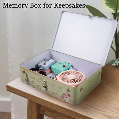 DreamsEden Decorative Keepsake Box with Hinged Lid and Small Lock, Large Letter Size, Tin Sheet Metal - Storage Memory Box for Keepsakes, Cards, Letters, Seed, Kids Gifts